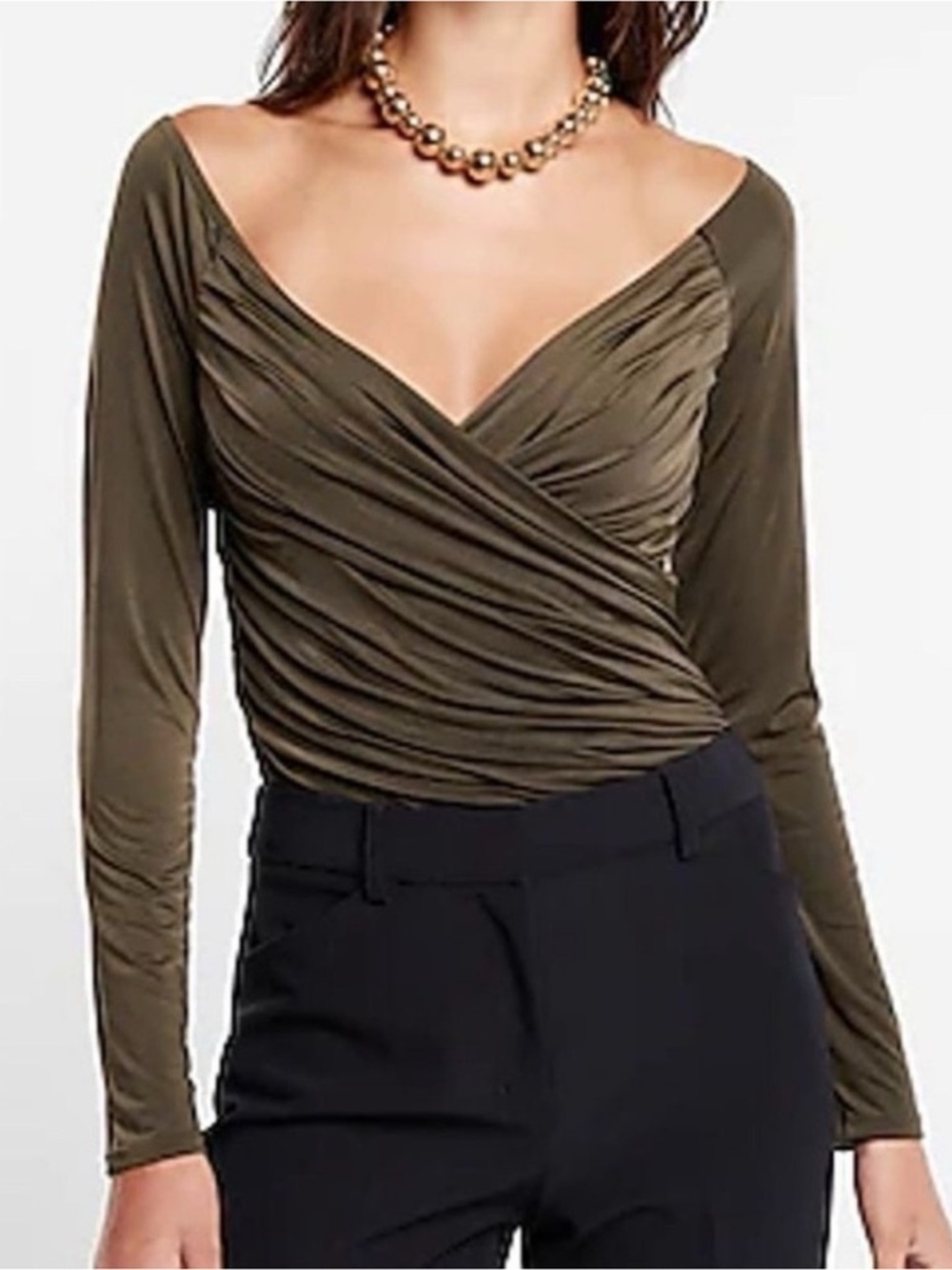 NWT Express contour Olive Green Ruched Wrap Long-Sleeve Top sz m